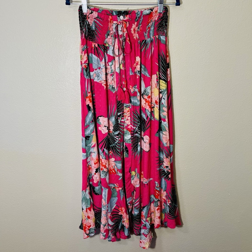 Rachel Zoe Tropical Floral Maxi Skirt Stretch Waist Flowy Slit Cruise Beach Sz M